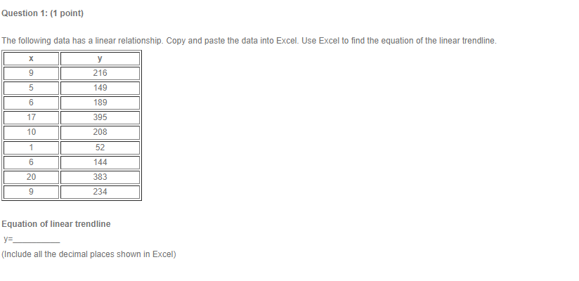 Question 1: [1 point: The following data has a linear relationship.