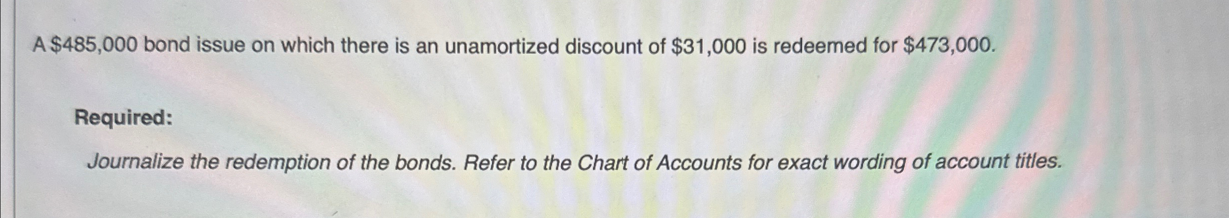 A $485,000 bond issue on which there is an unamortized discount