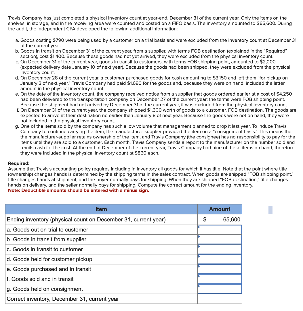 Travis Company has just completed a physical inventory count at year-end,