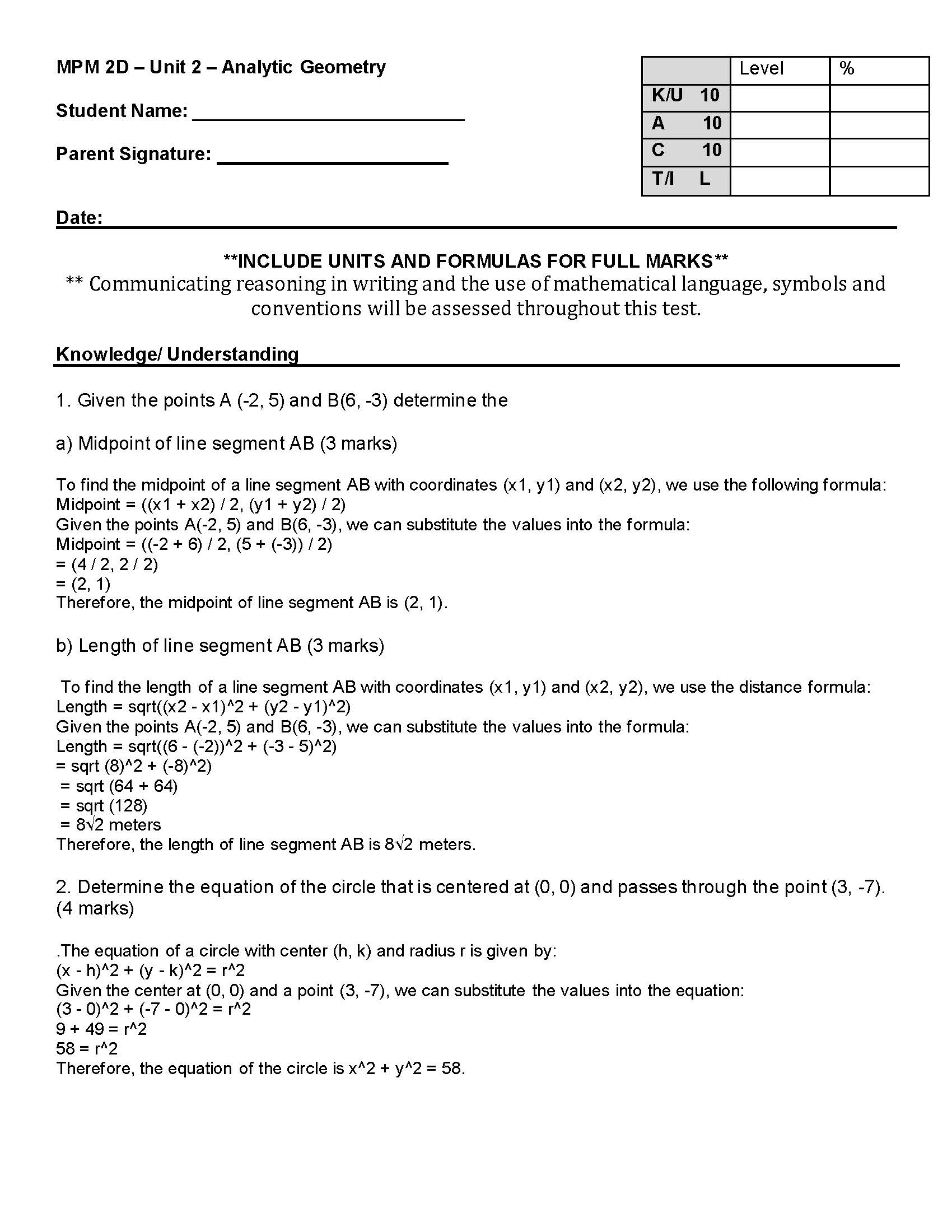throughout this test. Knowledge/ Understanding 1. Given the points A (-2, 5)