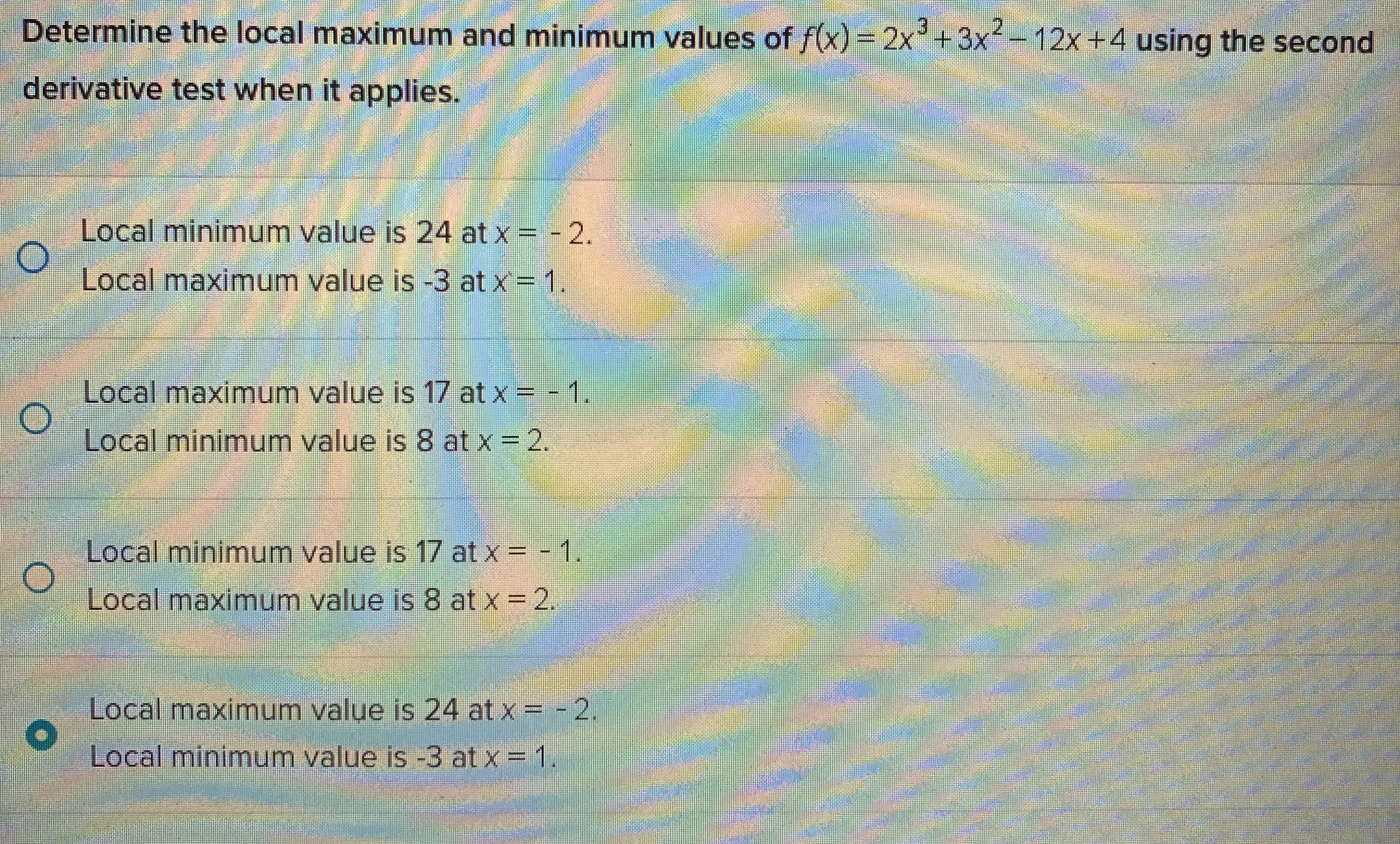 Determine the local maximum and minimum values of f(x) = 2x*