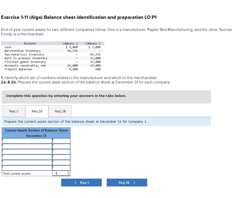  Exercise 1-11(Algo) Balance sheet identification and preparation LO P1 End-of-year current