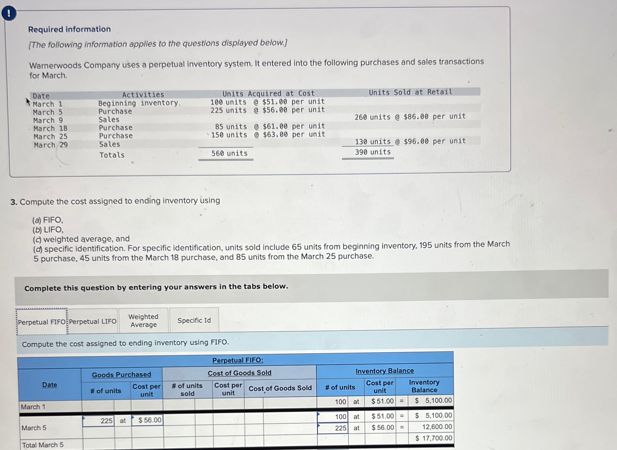 applies to the questions displayed below.] Warnerwoods Company uses a perpetual inventory