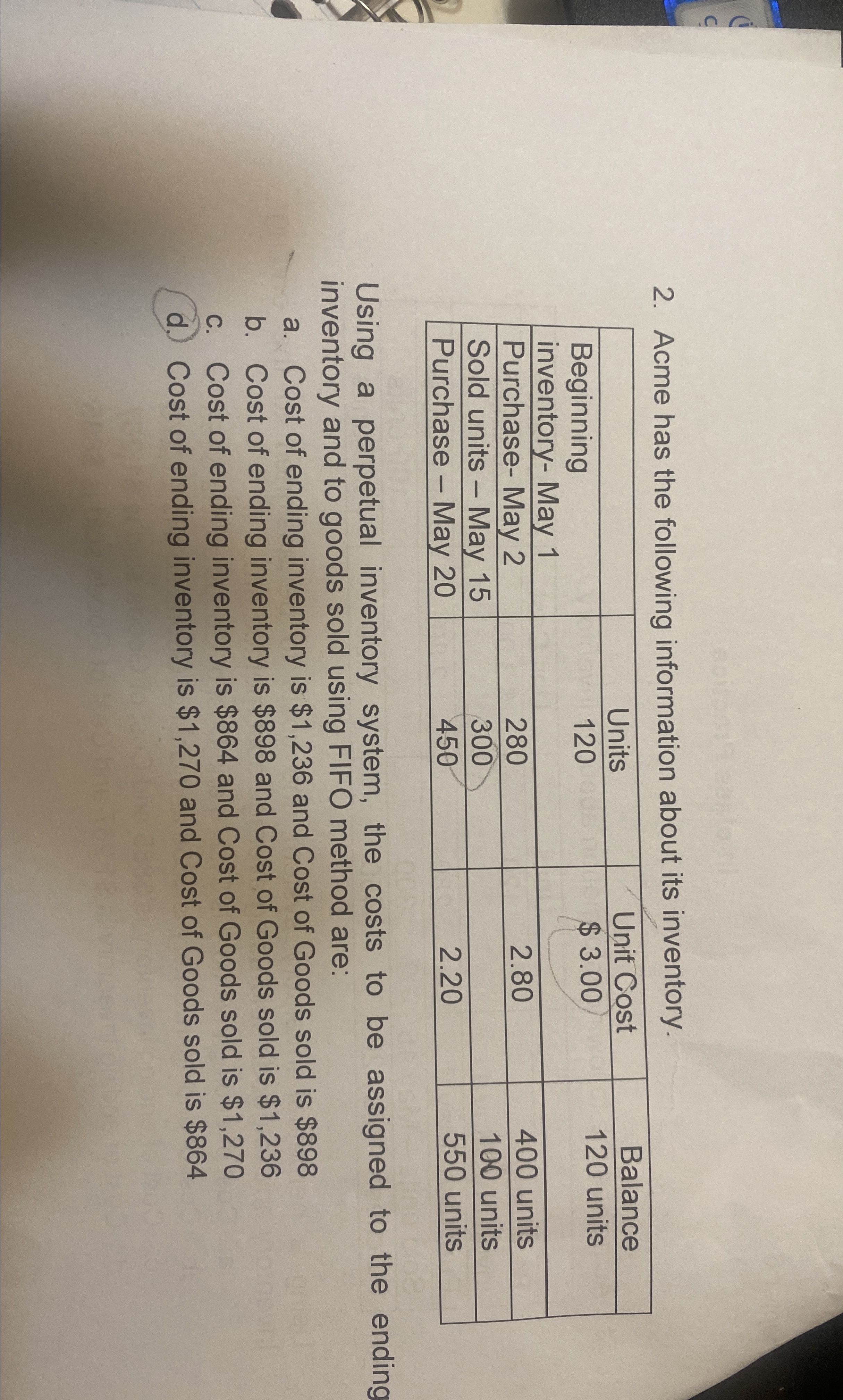 1]],120,$3.00,120 units],[Purchase- May 2,280,2.80,400 units],[Sold units - May 15,300,,100 units],[Purchase - May