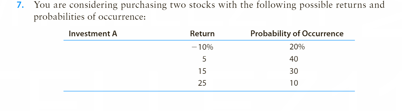 7. You are considering purchasing two stocks with the following possible returns