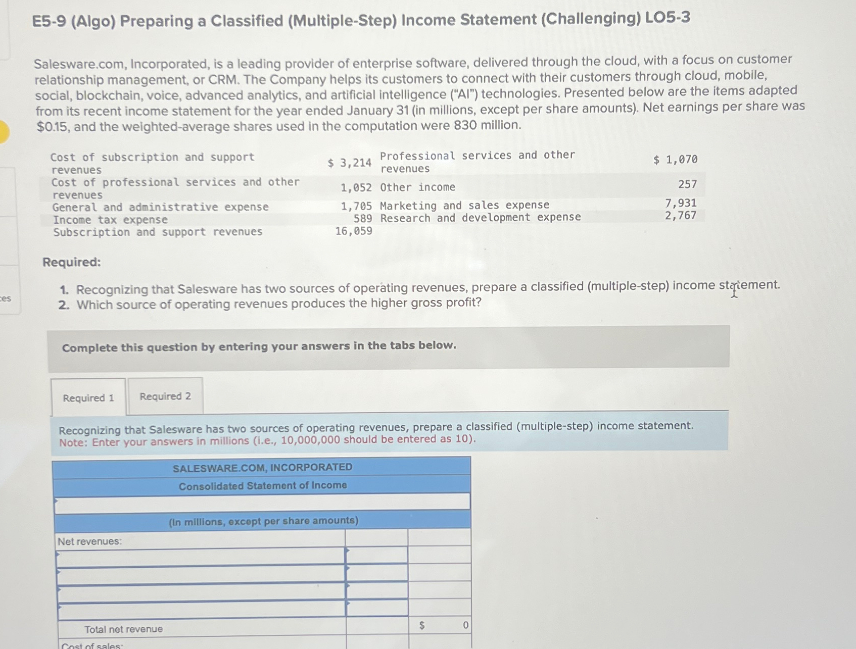 E5-9(Algo) Preparing a Classified (Multiple-Step) Income Statement (Challenging) L05-3 Salesware.com, Incorporated,