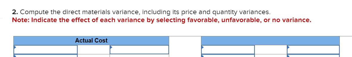 Compute the direct materials variance, including its price and quantity variances.