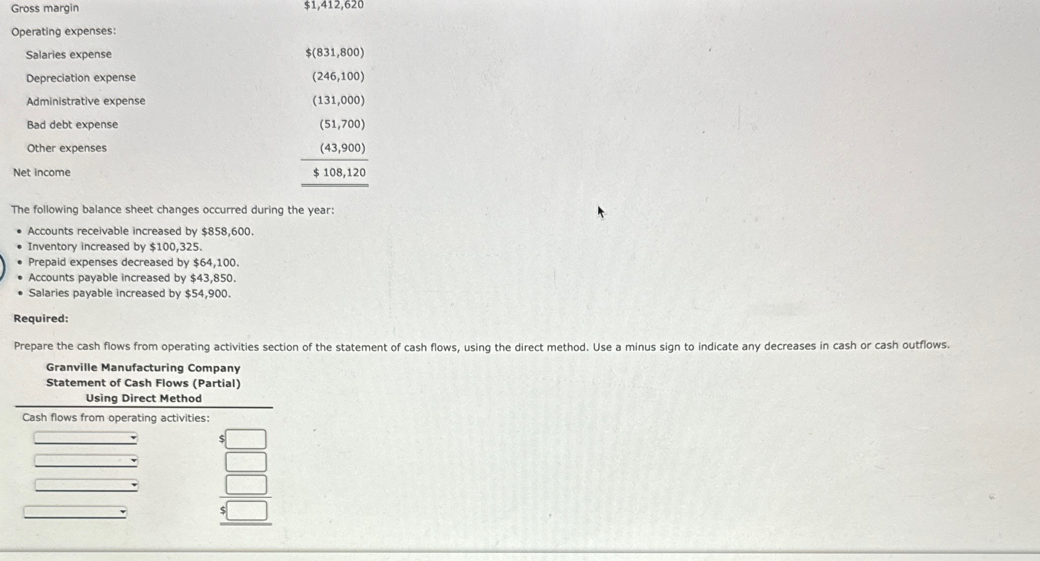 income statement for Granville Manufacturing Company is presented below. Granville Manufacturing Company