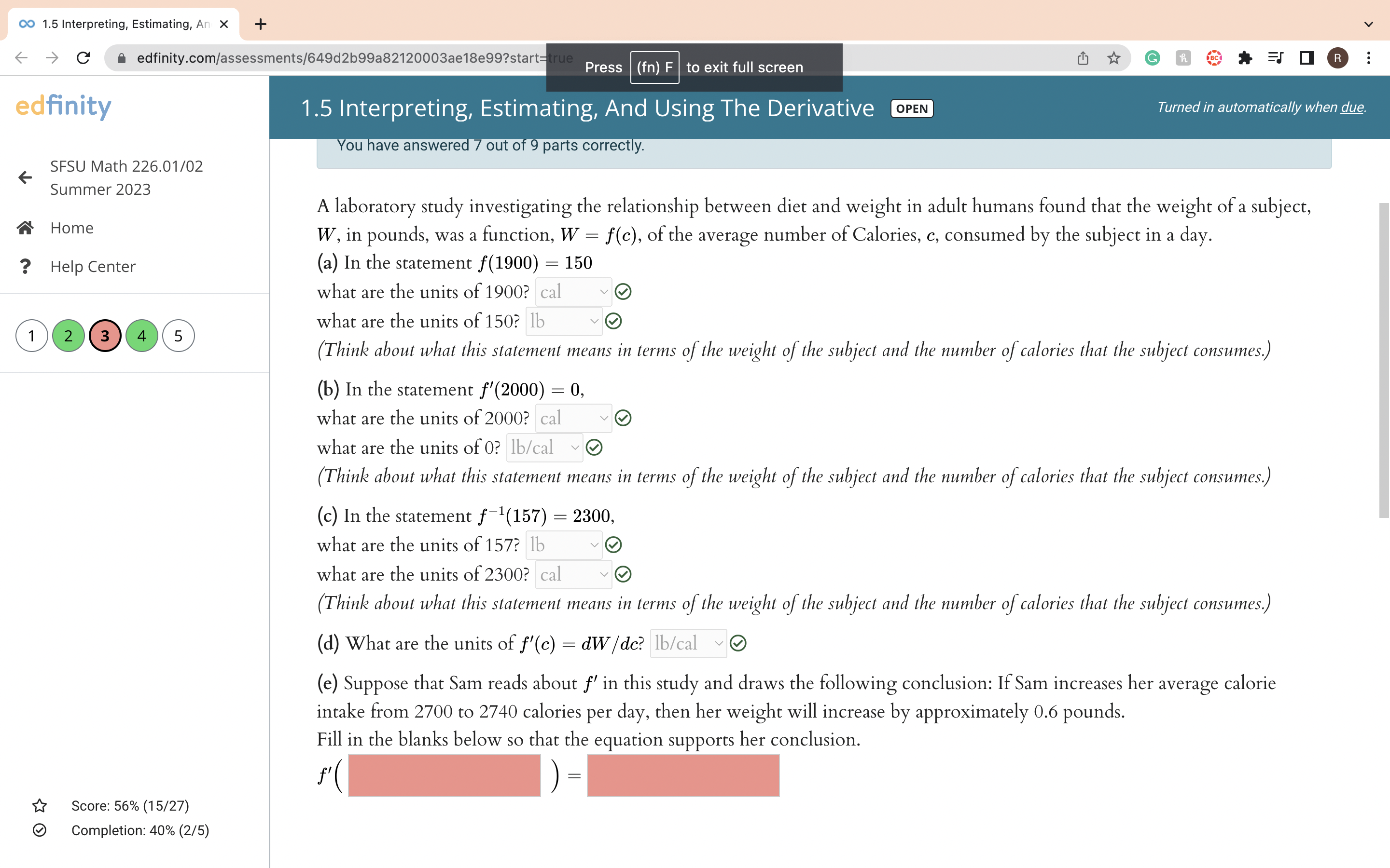 o 9 parts correct y. SFSU Math 226.01/02 6 Summer 2023 A