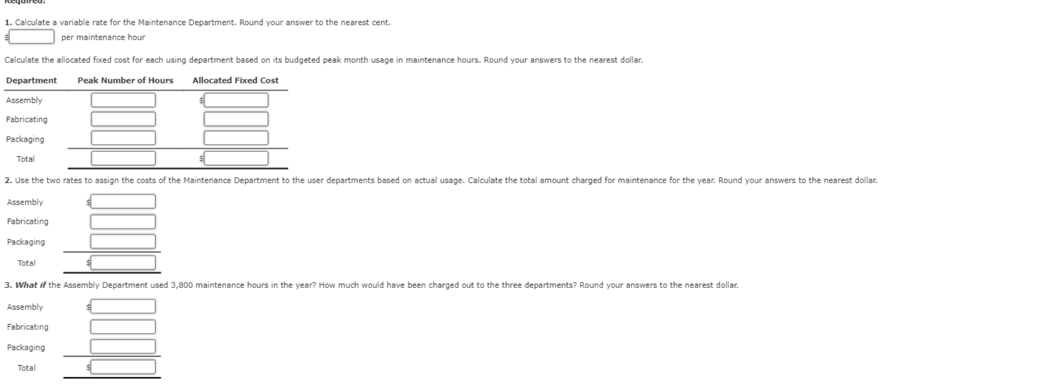 Maintenance Department of Stazler, Inc., for the coming year include: Fixed costs