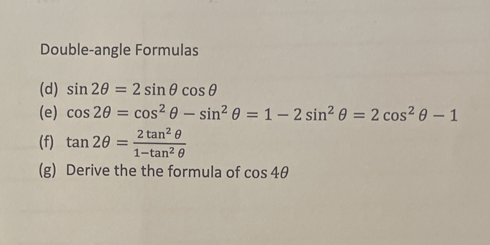 (e) cos 20 = cos2 0 - sin2 0 = 1 -