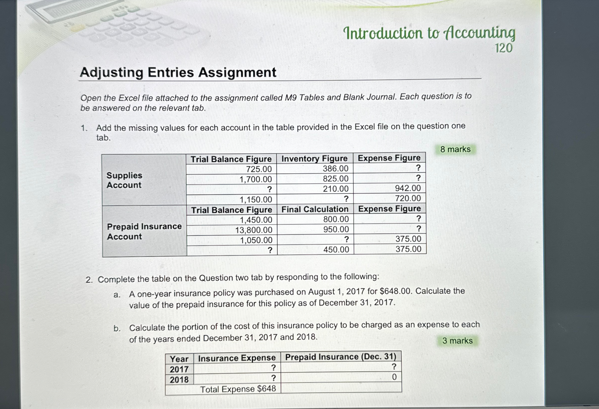 attached to the assignment called M9 Tables and Blank Journal. Each question