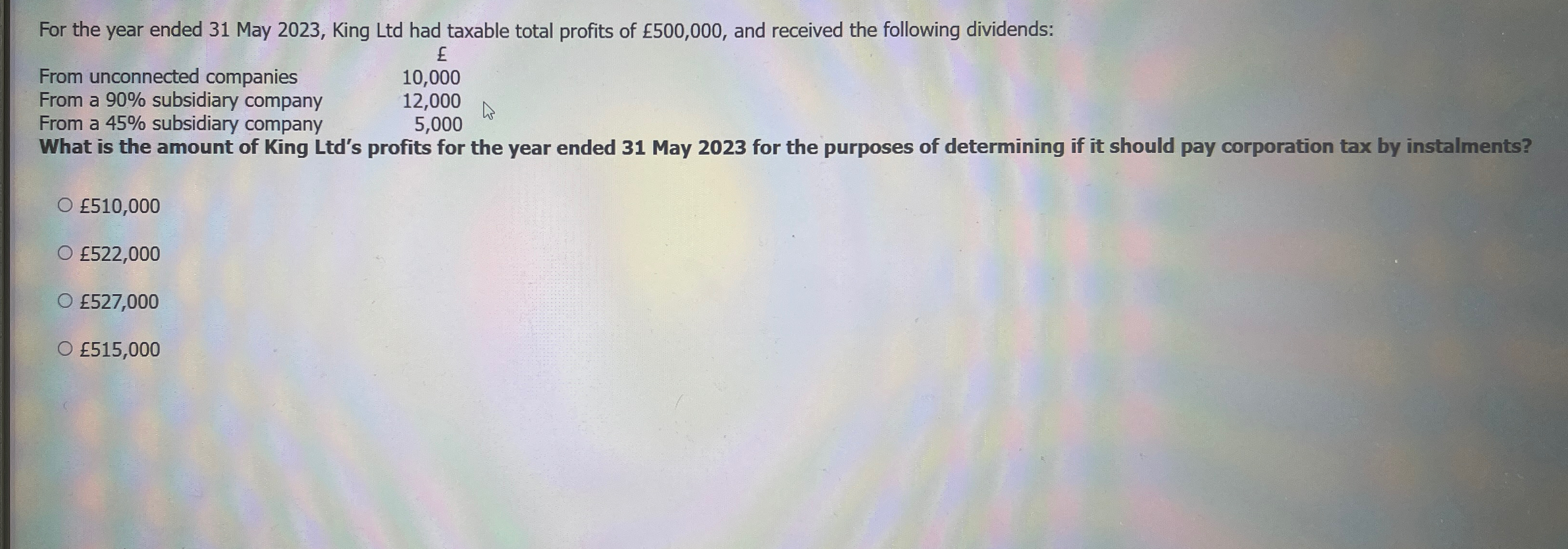 total profits of 500,000, and received the following dividends: 