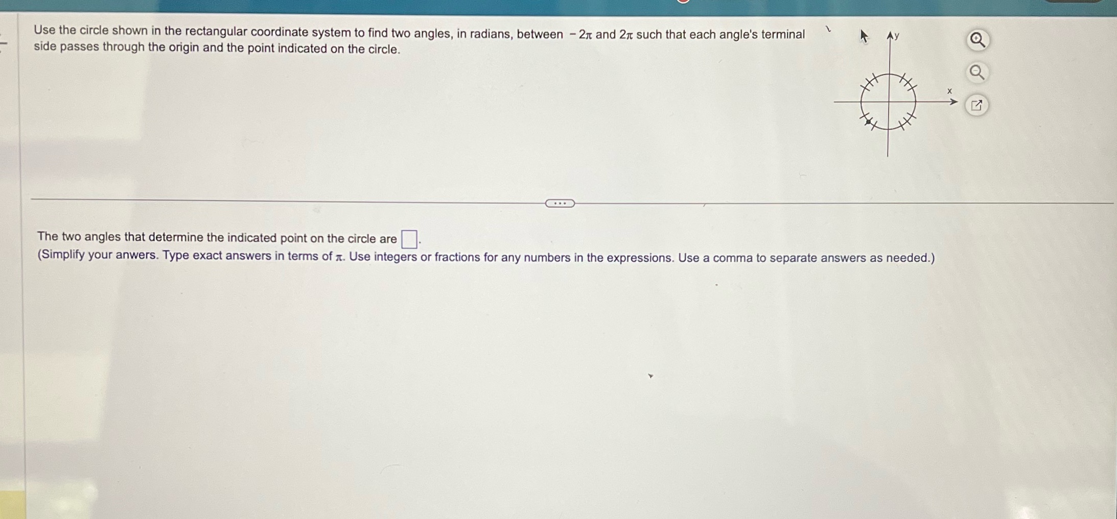 two angles, in radians, between - 2t and 2x such that each