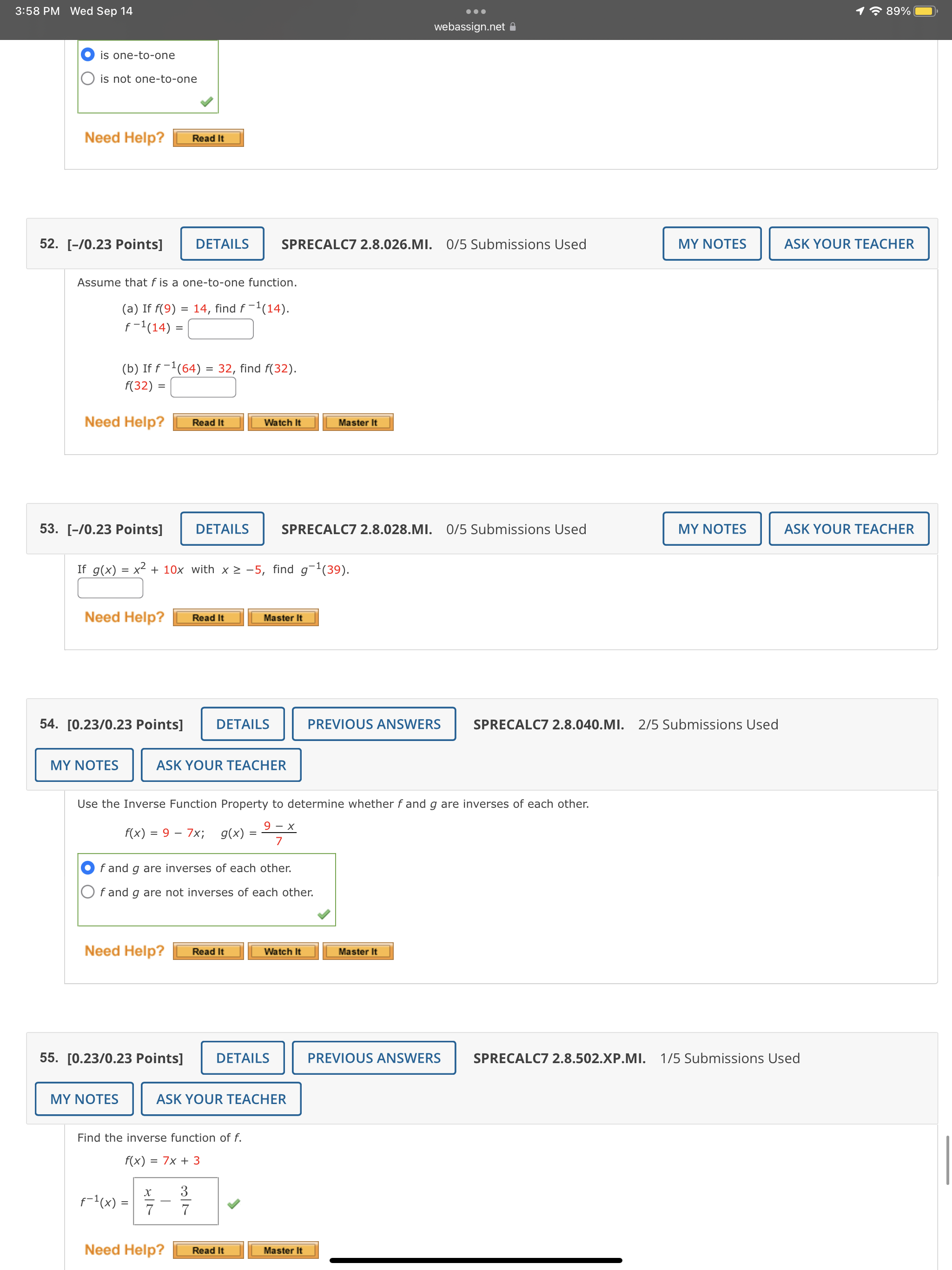 0/5 Submissions Used MY NOTES ASK YOUR TEACHER Consider the following functions.