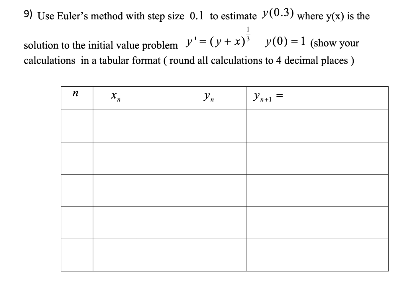  9) Use Euler's method with step size 0.1 to estimate y