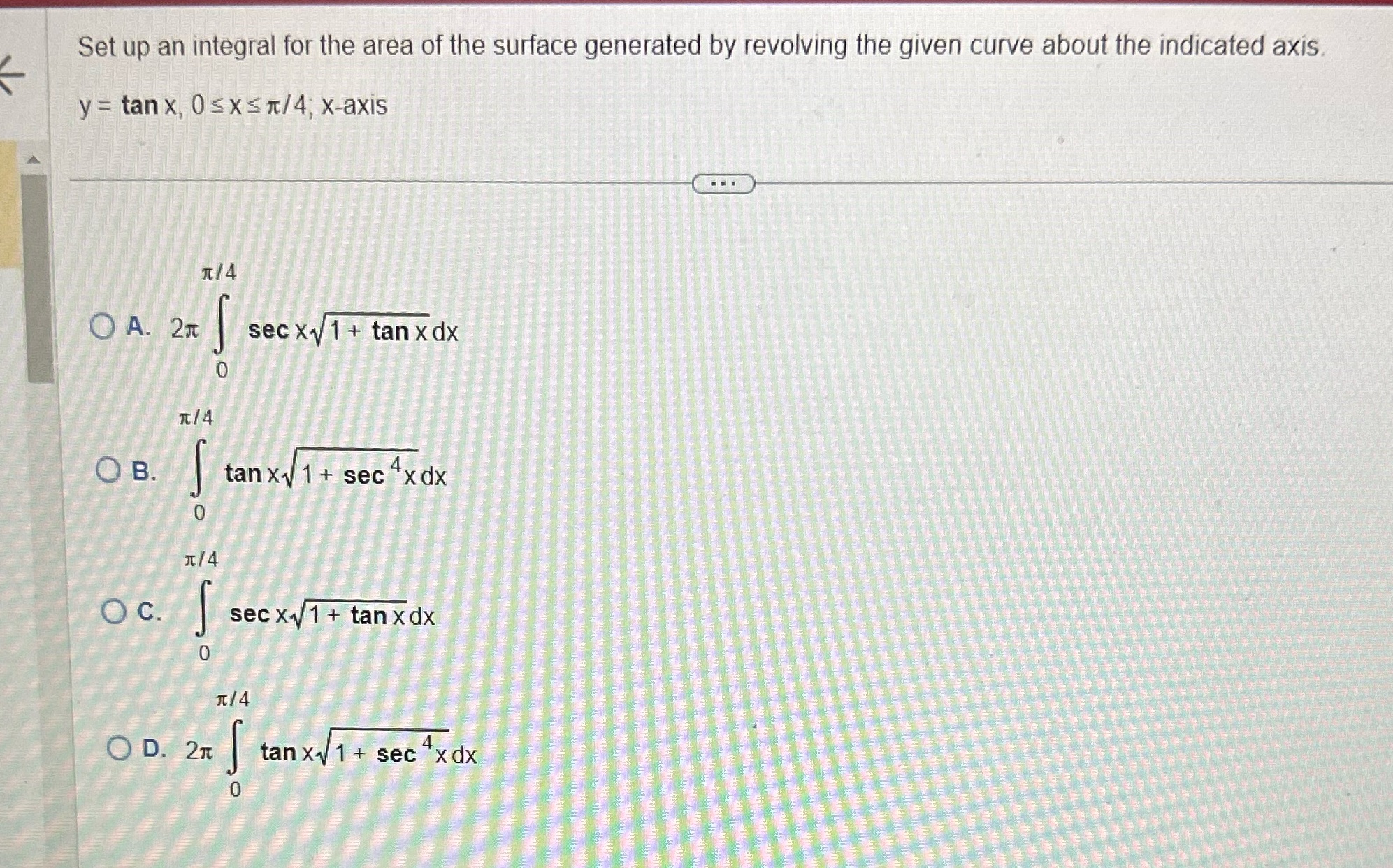 Set up an integral for the area of the surface generated by