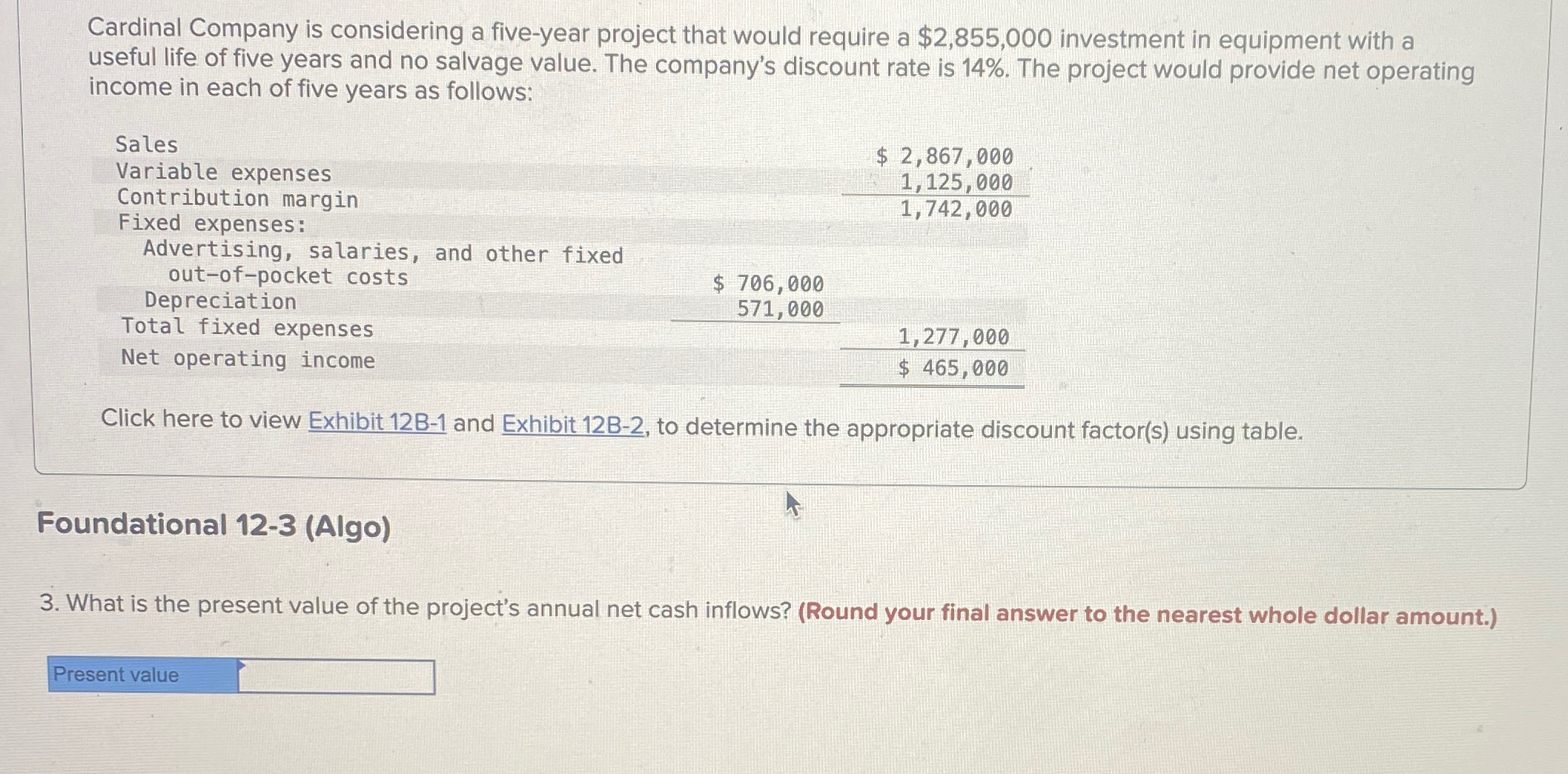 Cardinal Company is considering a five-year project that would require a