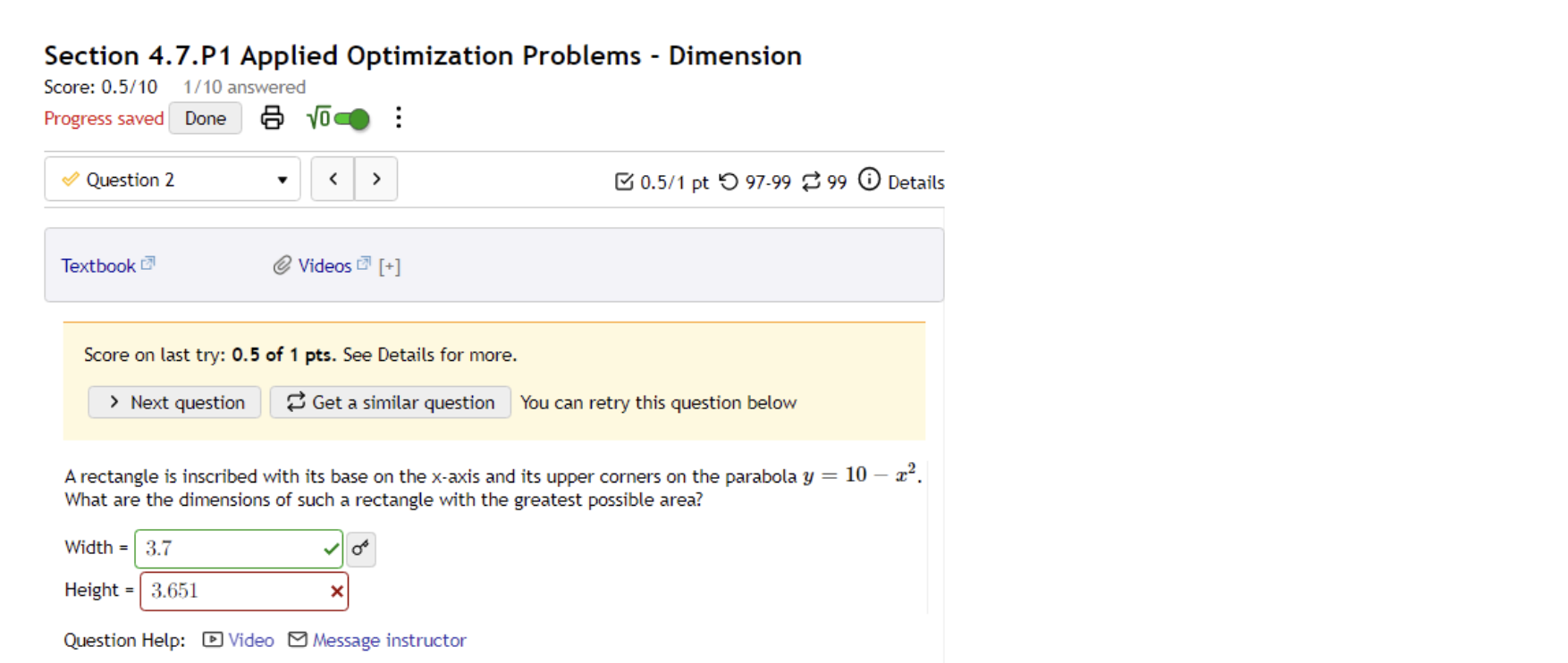  Section 4.7.P1 Applied Optimization Problems - Dimension Score: 0.5/10 lx' 10