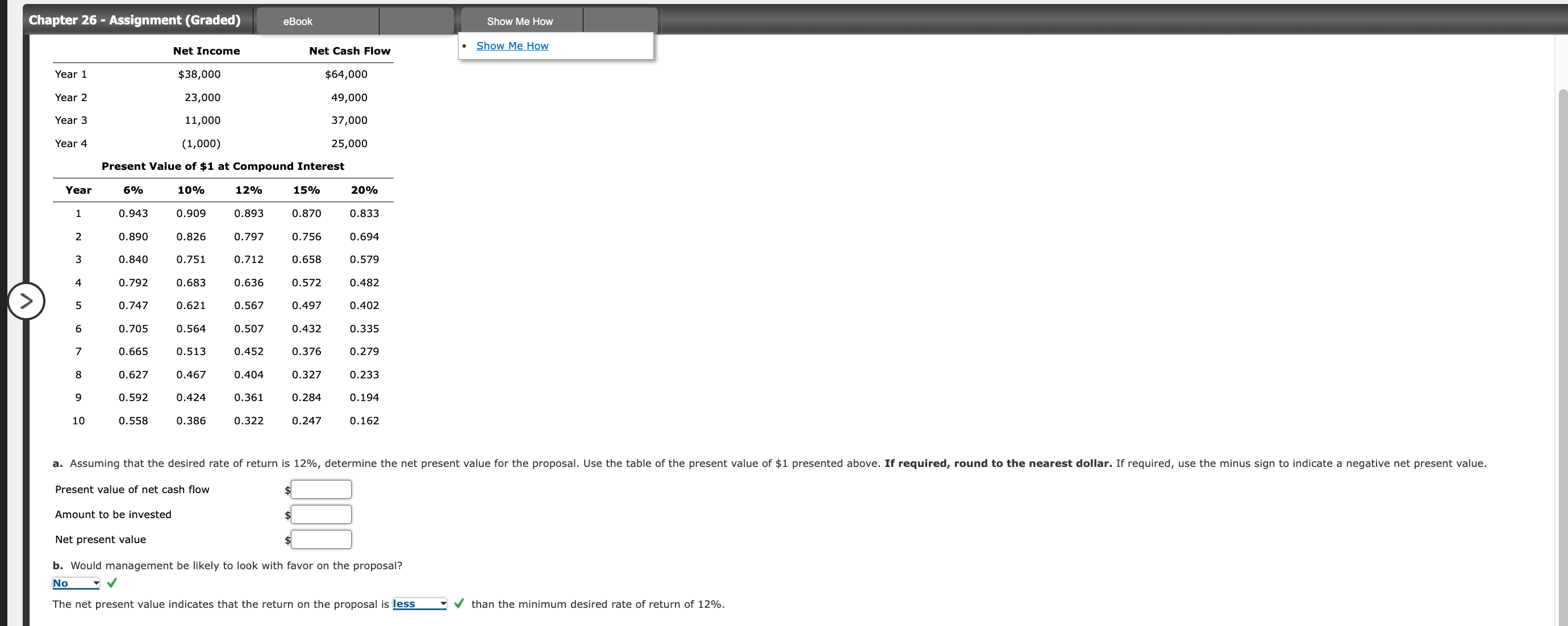  eBook Show Me How \table[[,Net Income,Net Cash Flow],[Year 1,$38,000,$64,000],[Year 2,23,000,49,000],[Year 3,11,000,37,000],[Year