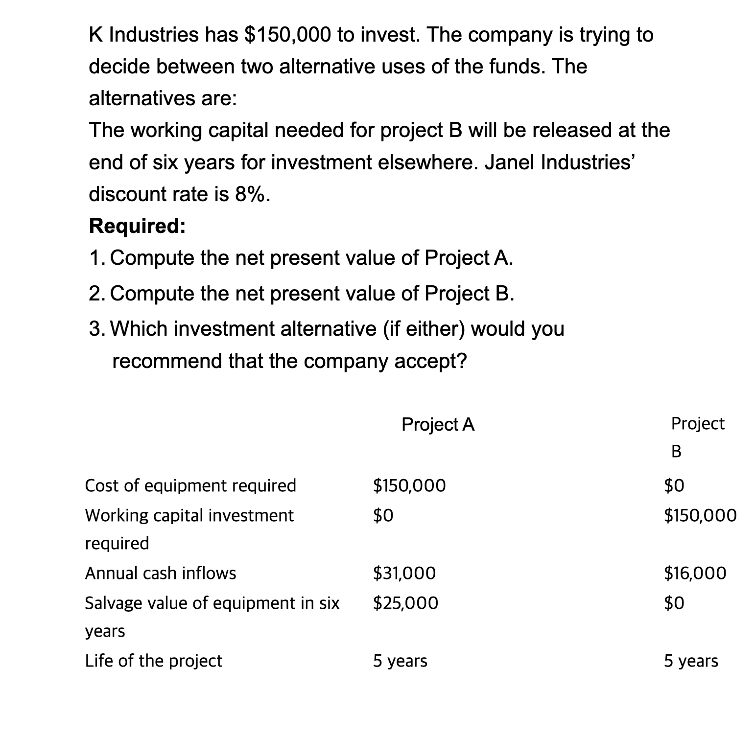 decide between two alternative uses of the funds. The alternatives are: The