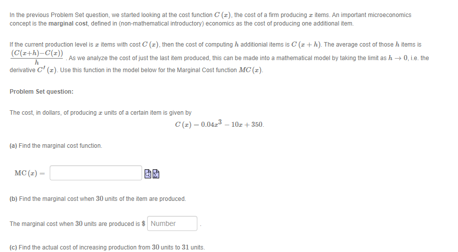cost function C ( ), the cost of a firm producing &