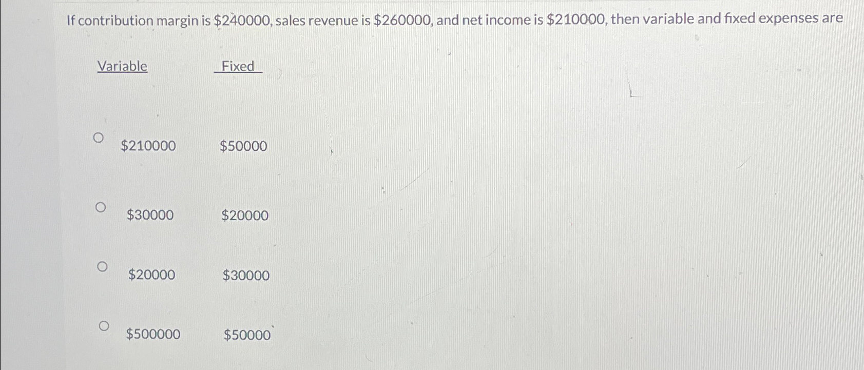 If contribution margin is $240000, sales revenue is $26000, and net