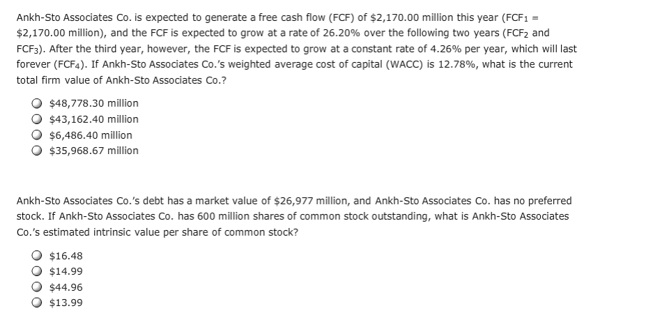 Ankh-Sto Associates Co. is expected to generate a free cash flow (FCF)