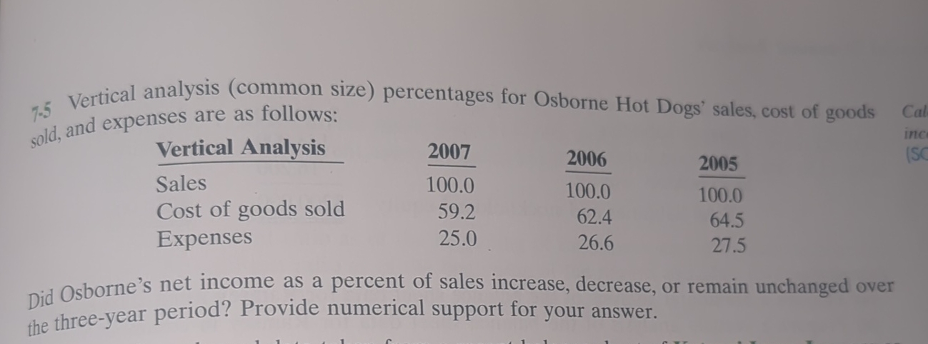 cost of goods sold, and expenses are as follows: \table[[Vertical Analysis,2007?,2006,2005],[,\table[[100.0],[500]],100.0,?bar(100.0) 