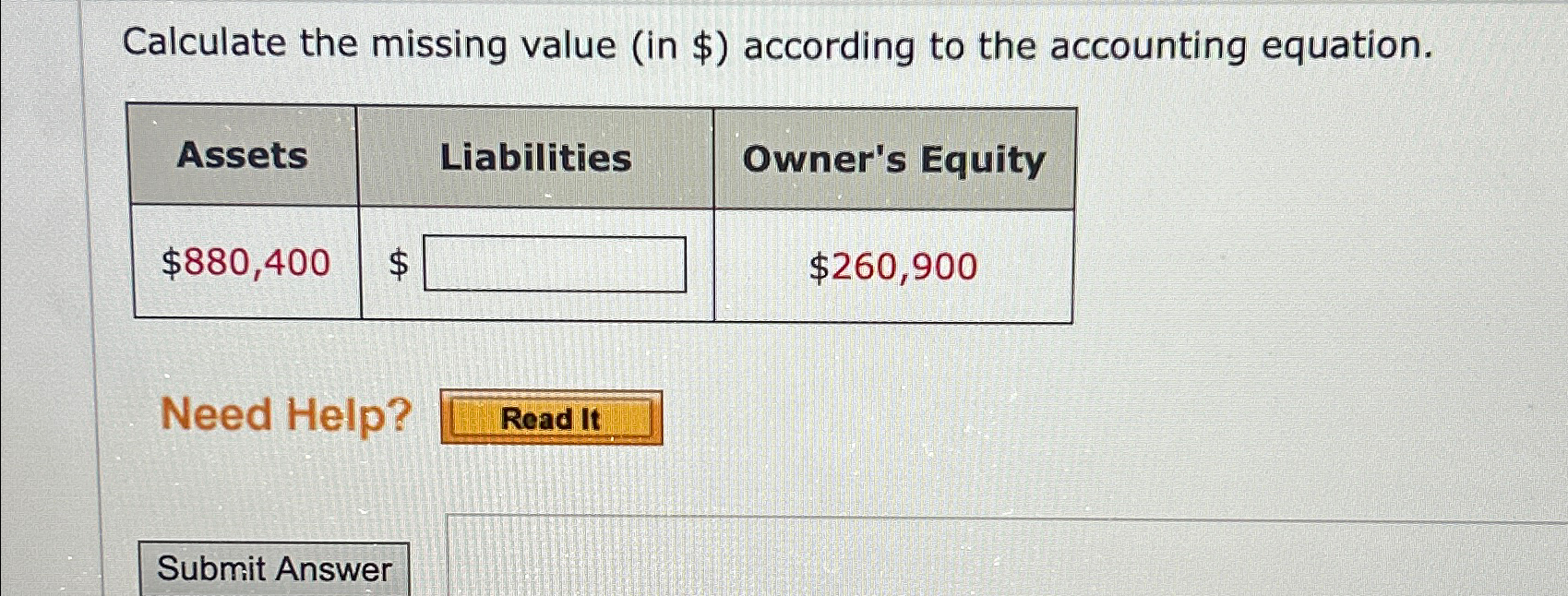 Calculate the missing value (in $ ) according to the accounting