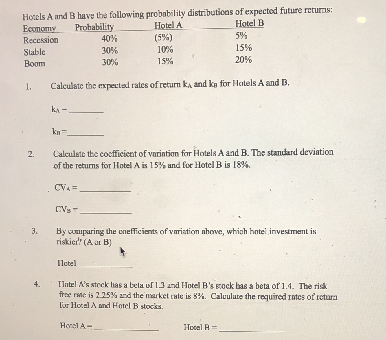 Please help me solve questions 1-4 Hotels A and B have