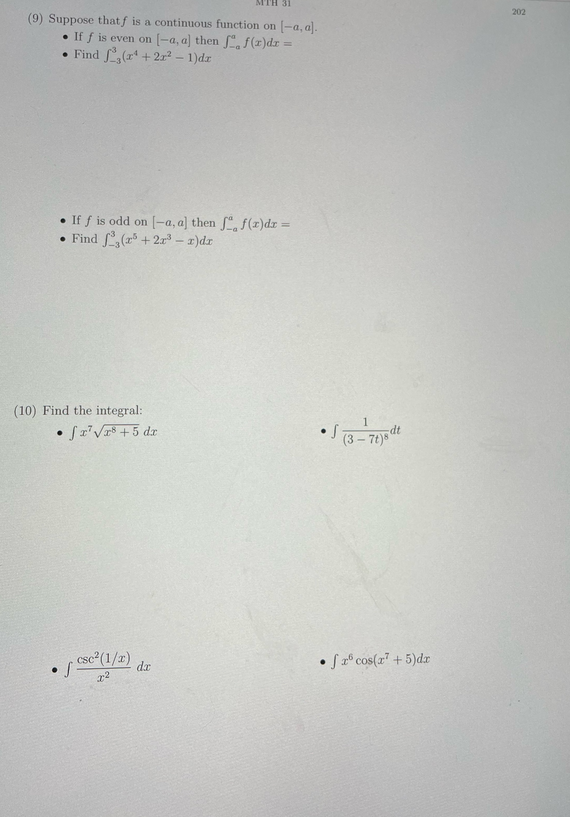  (9) Suppose that f is a continuous function on [-a, a].