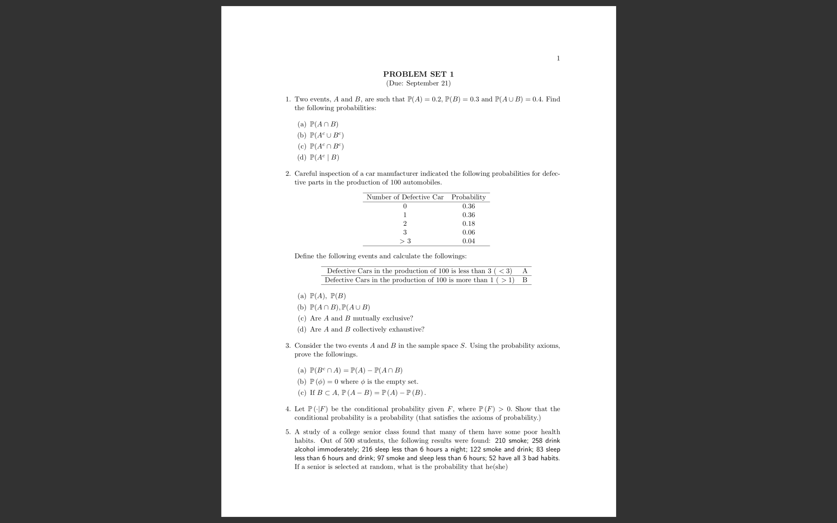 UB) = 0.4. Find the following probabilities: (a) P(An B) (b) P(AC