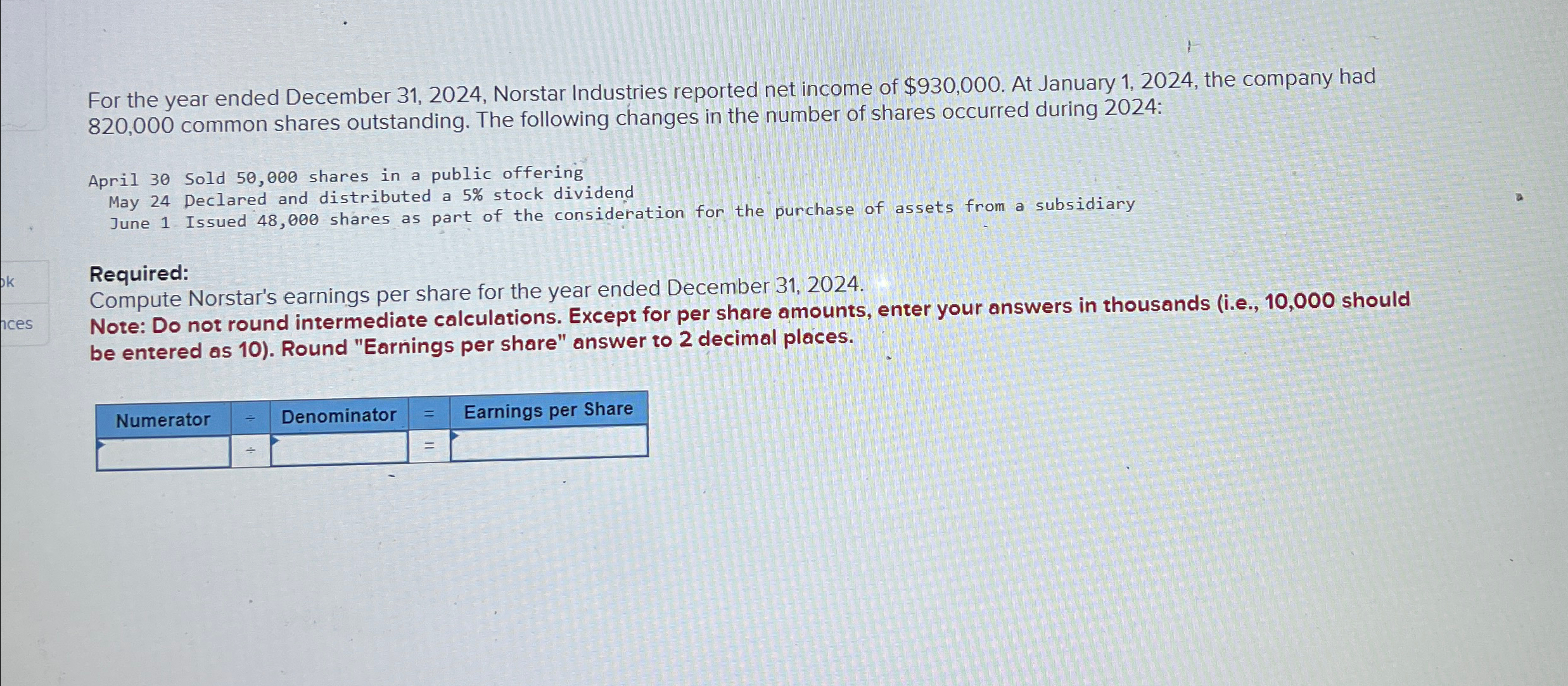 of $930,000. At January 1,2024, the company had 820,000 common shares outstanding.