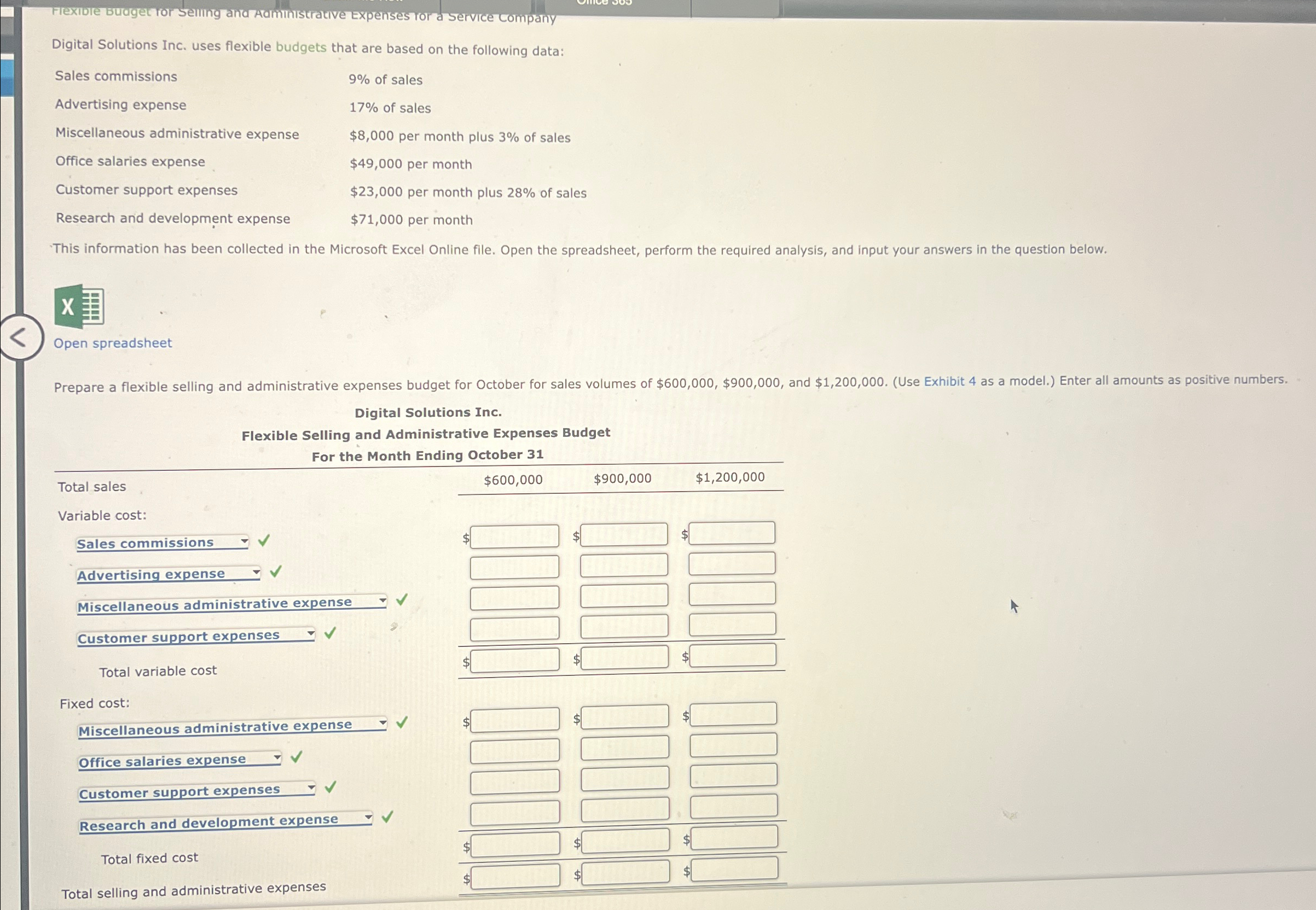following data: Sales commissions Advertising expense Miscellaneous administrative expense Office salaries expense