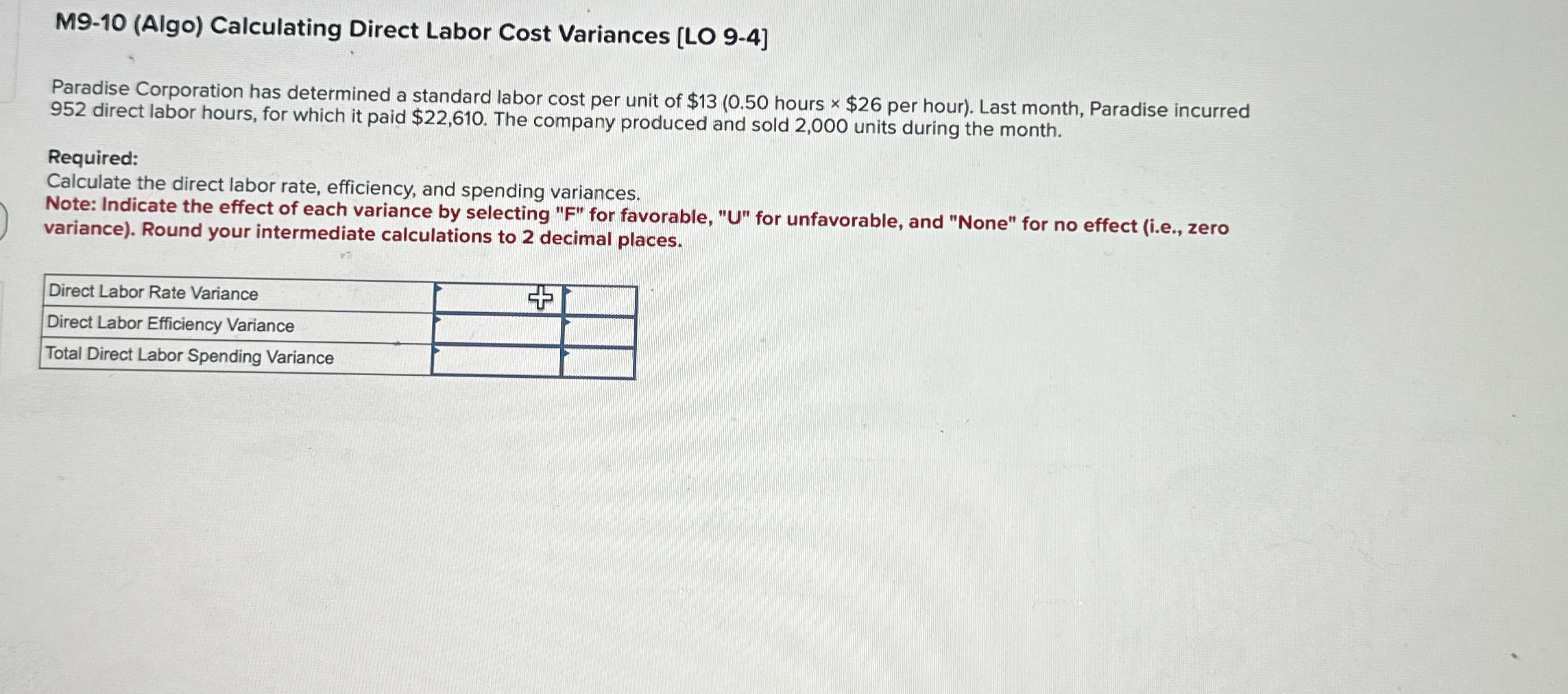  M9-10(Algo) Calculating Direct Labor Cost Variances [LO 9-4] Paradise Corporation has