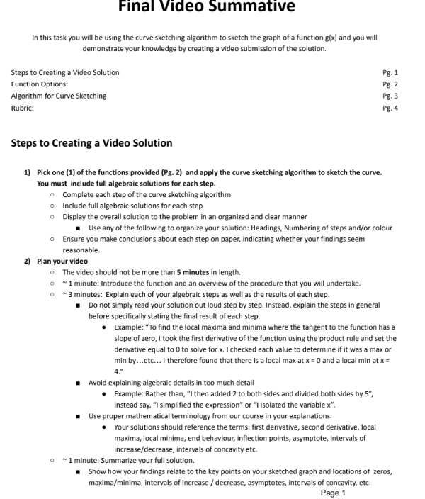 2 Algorithm for Curve Sketching Pg. 3 Rubric: Pg. 4 Steps to