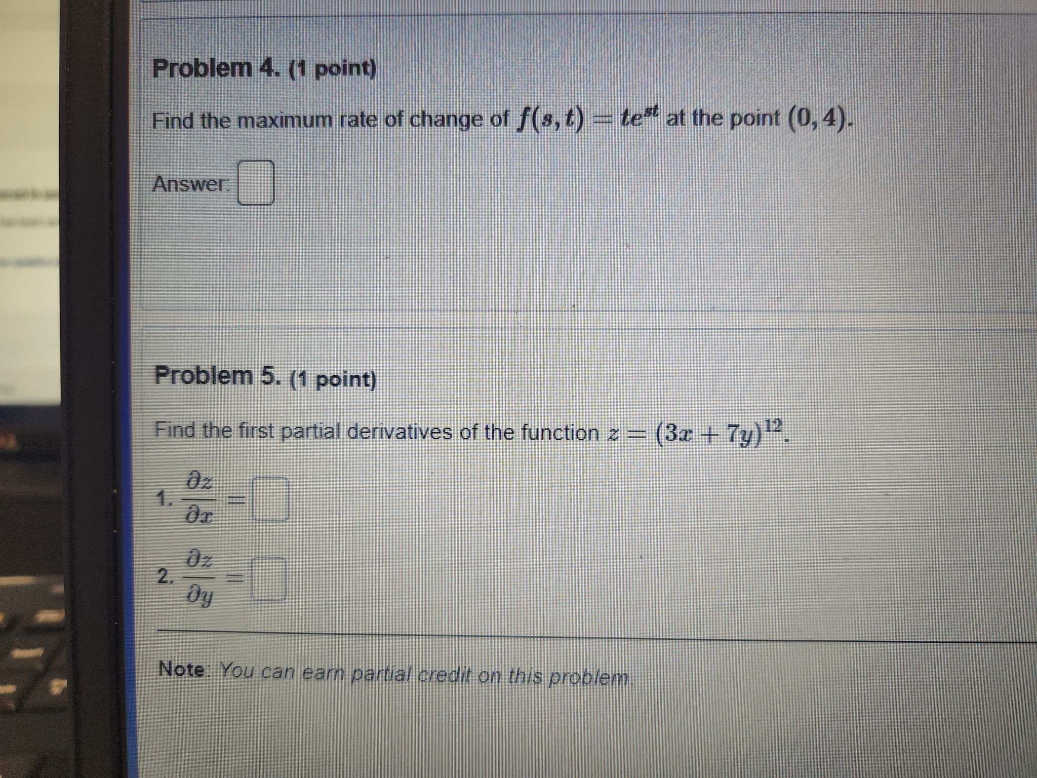 change of f(s, t) = test at the point (0, 4). Answer.