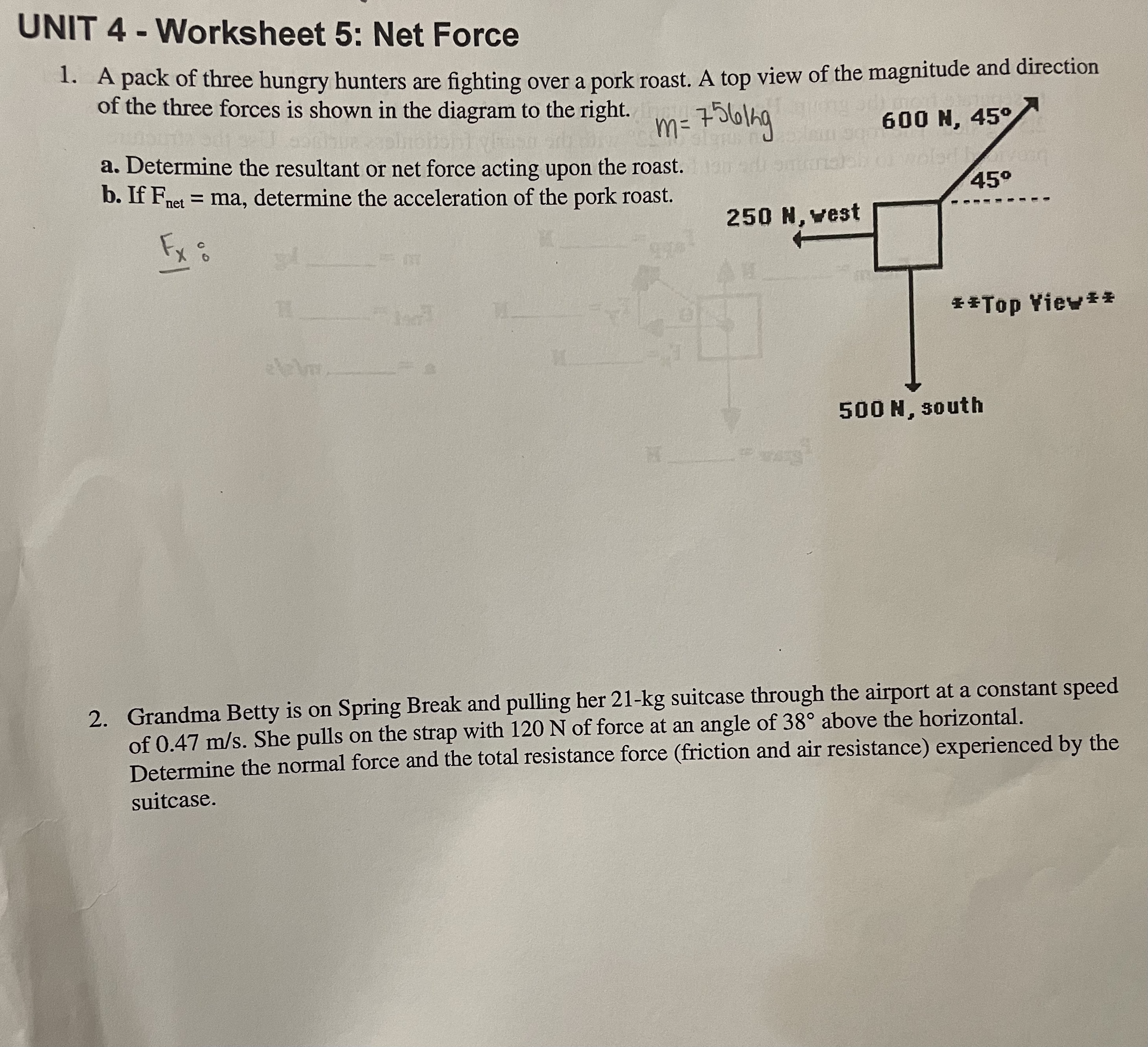  UNIT 4 - Worksheet 5: Net Force 1. A pack of