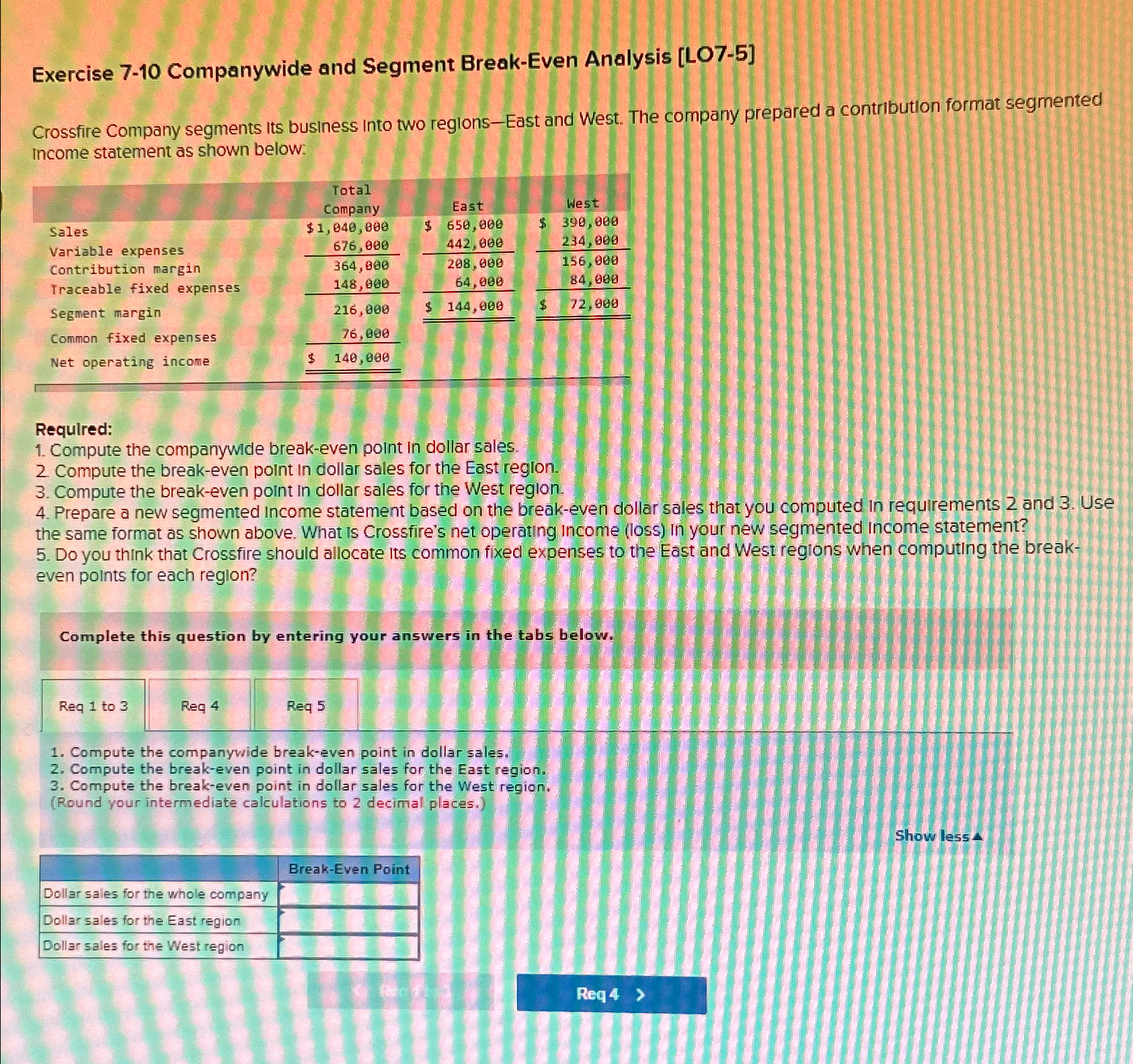  Exercise 7-10 Companywide and Segment Break-Even Analysis [LO7-5] Crossfire Company segments