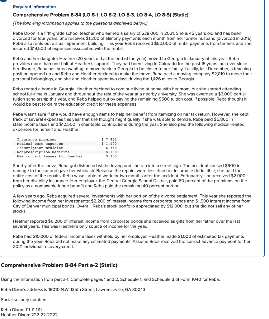 tax year 2021.***** Comprehensive Problem 8-84(LO 8-1, LO 8-2, LO 8-3, LO