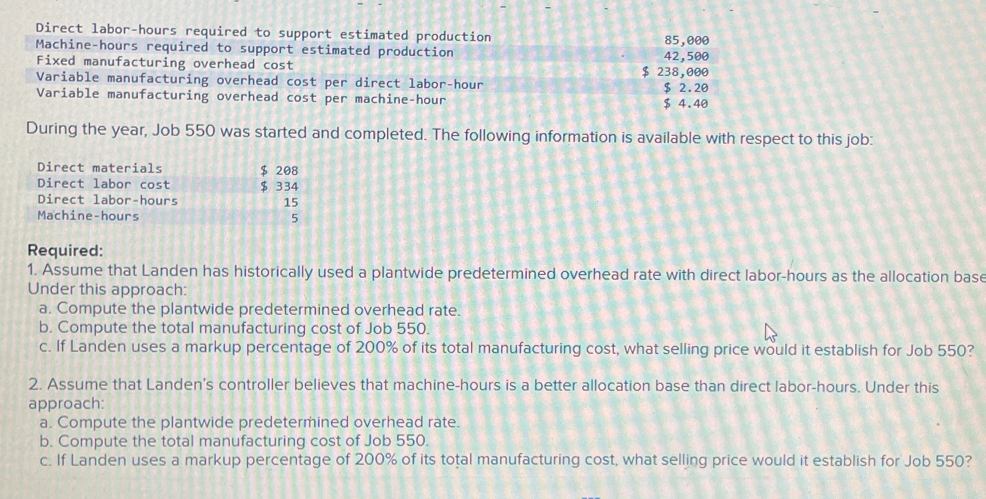 estimated production,85,000],[Fixed manufacturing overhead cost,42,500],[Variable manufacturing overhead cost per direct labor-hour,$238,000 