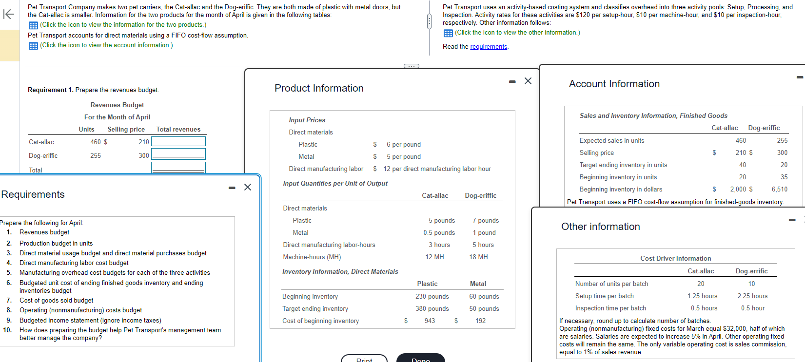 Pet Transport accounts for direct materials using a FIFO cost-flow assumption. (Click