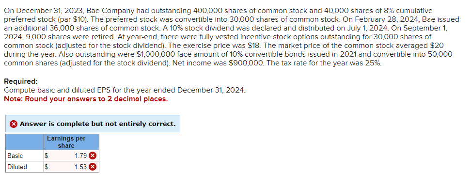 On December 31,2023, Bae Company had outstanding 400,000 shares of common