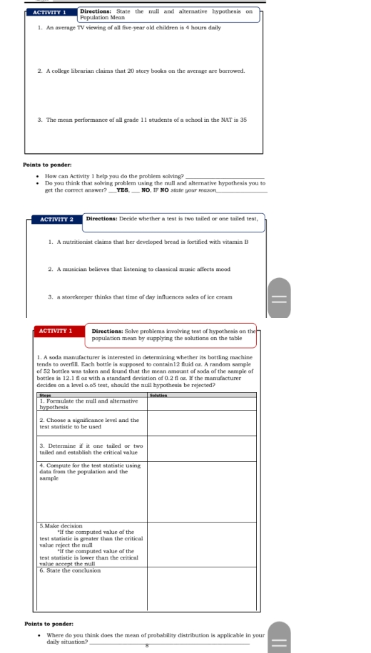 Folow the instructions given ACTIVITY 1 Directions: State the null and