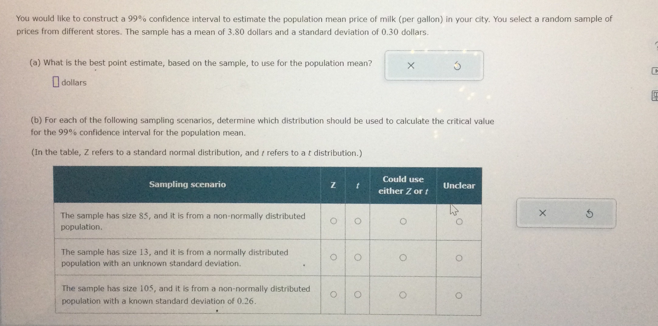 to estimate the population mean price of milk (per gallon) in your