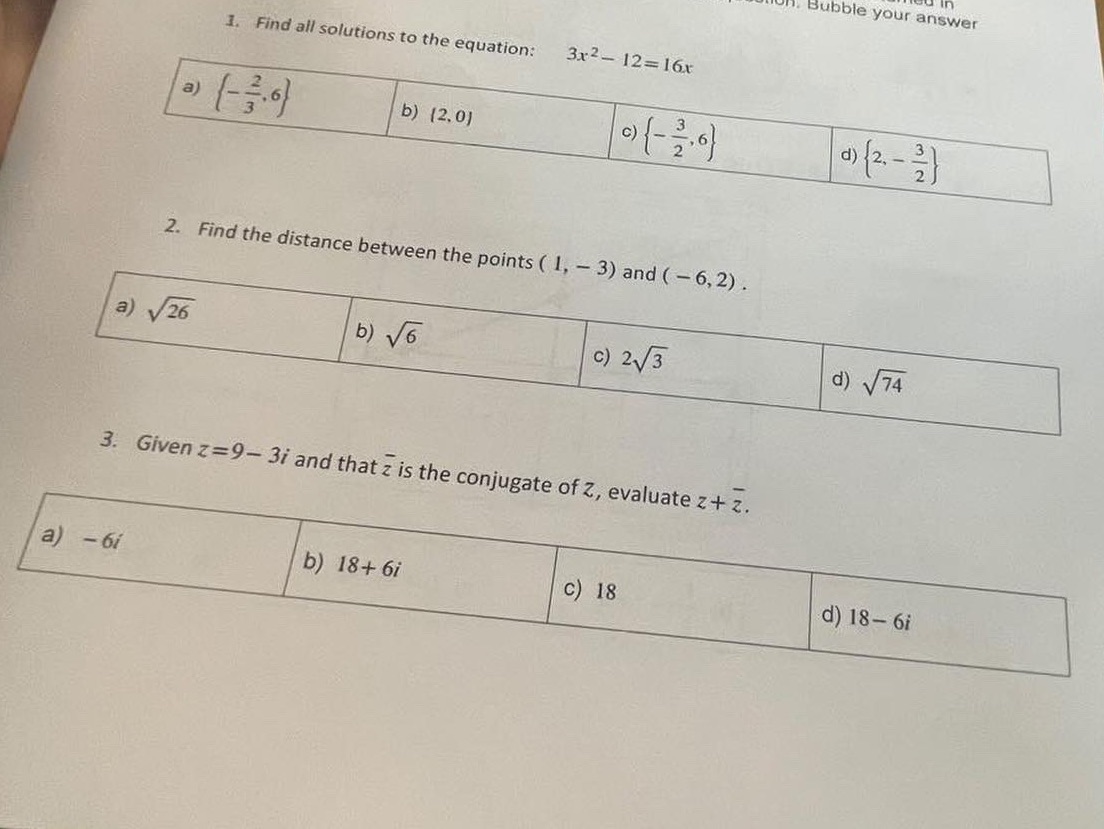 the equation: 3x2- 12=16x @) (- 3.0 ) b) (2.0) d )