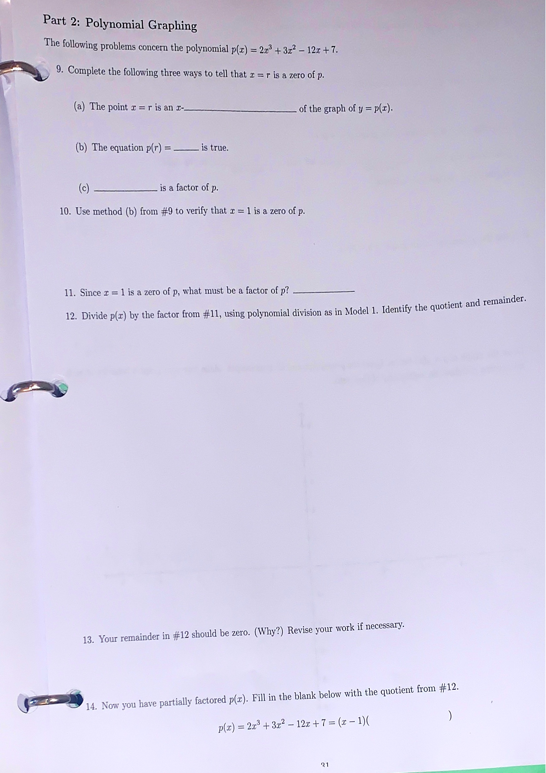 #11, using polynomial division as in Model 1. Identify the quotient and