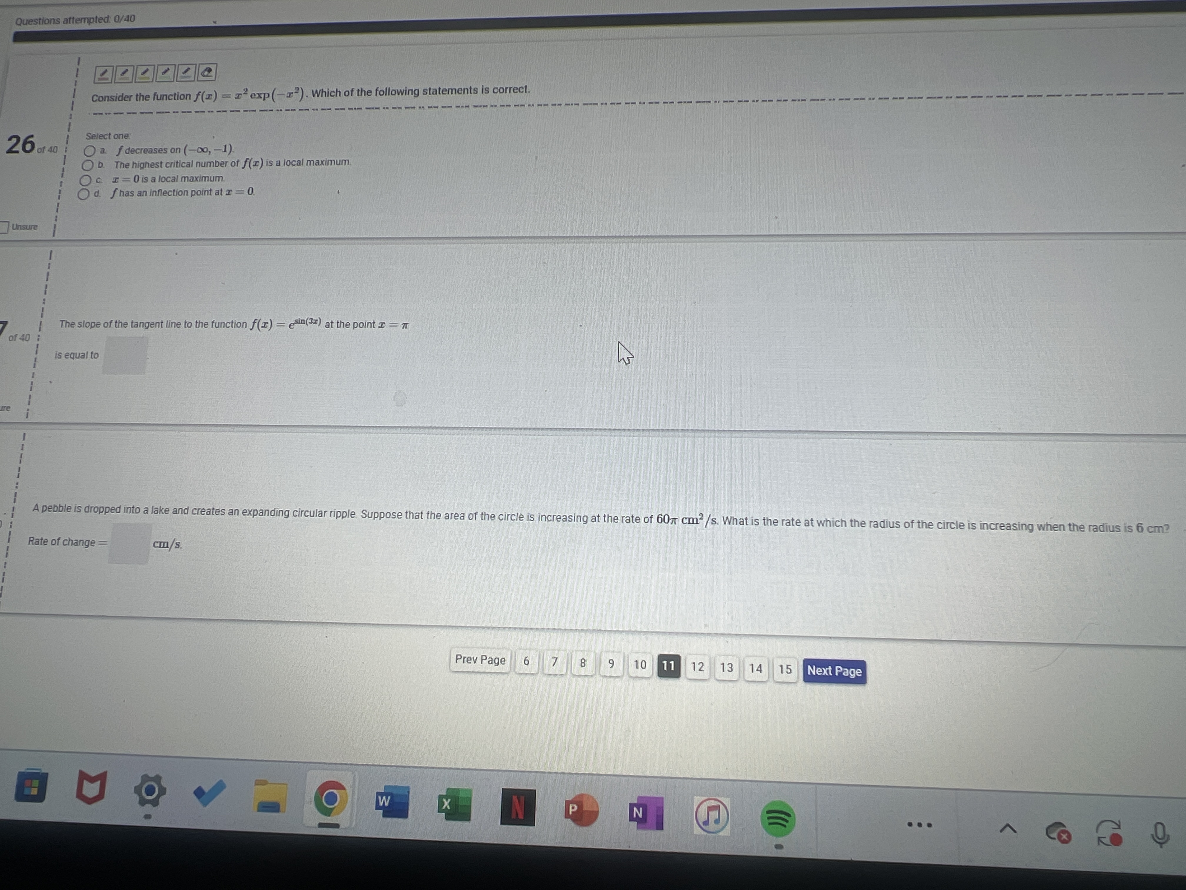  Questions attempted: 0/40 Consider the function f(x) = x2 exp (-a?).