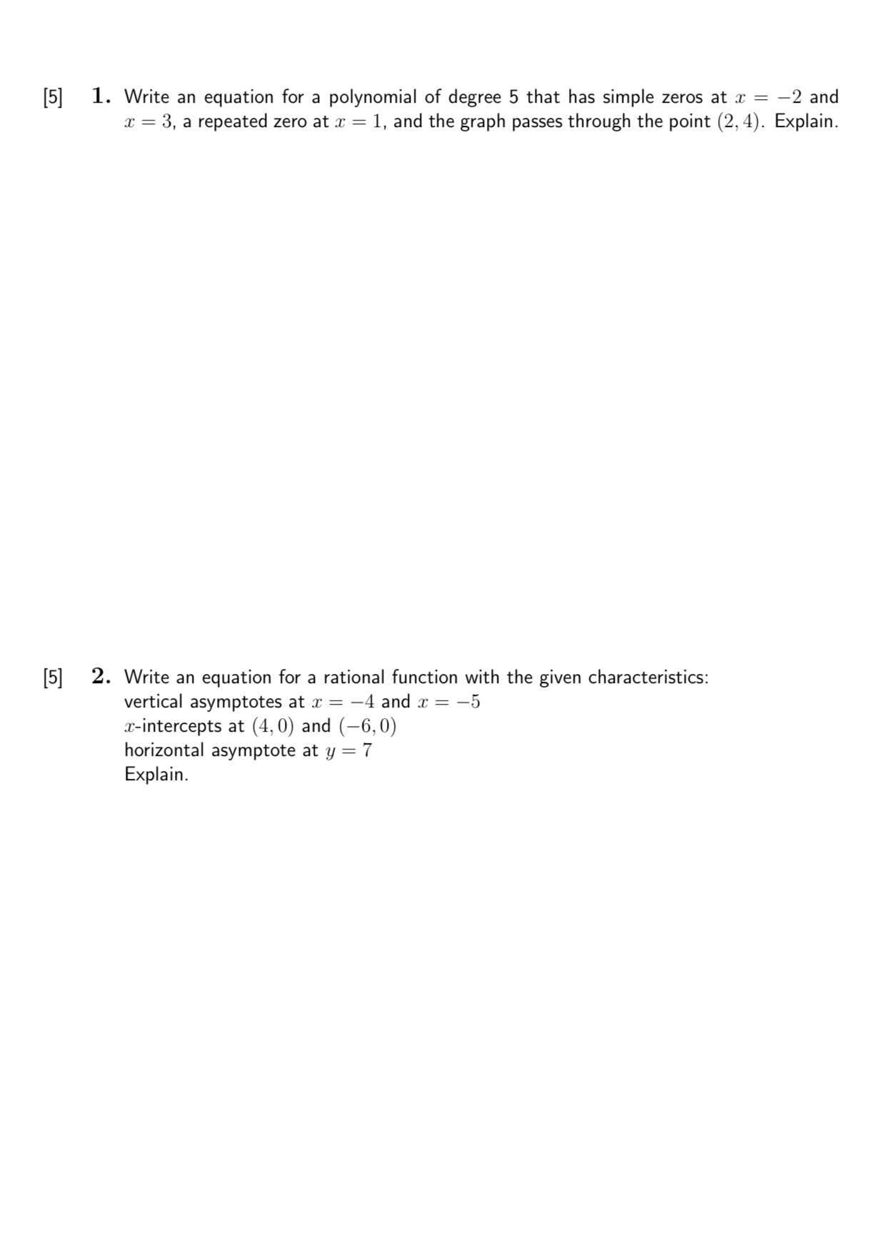 Write an equation for a polynomial of degree 5 that has simple